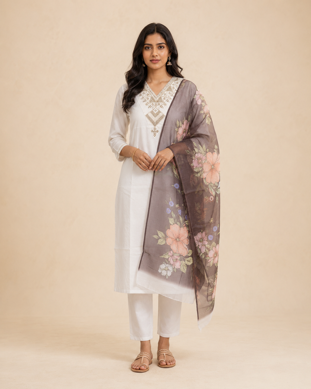 Ivory Embroidered Women's 3-Piece Suit with Floral Dupatta