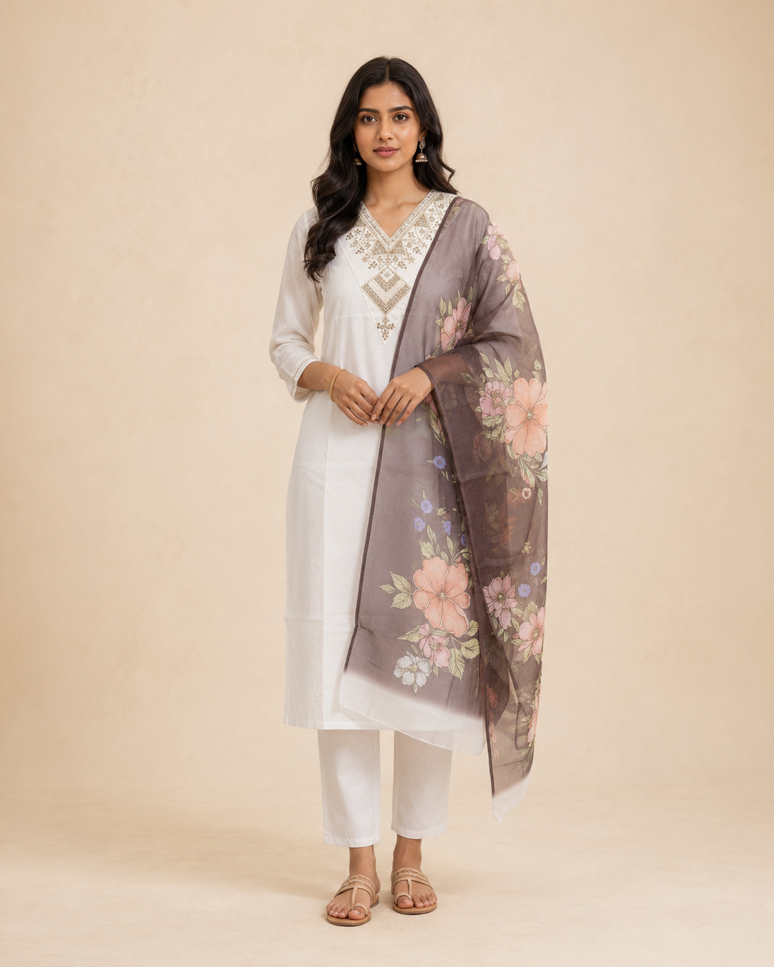 Ivory Embroidered Women's 3-Piece Suit with Floral Dupatta