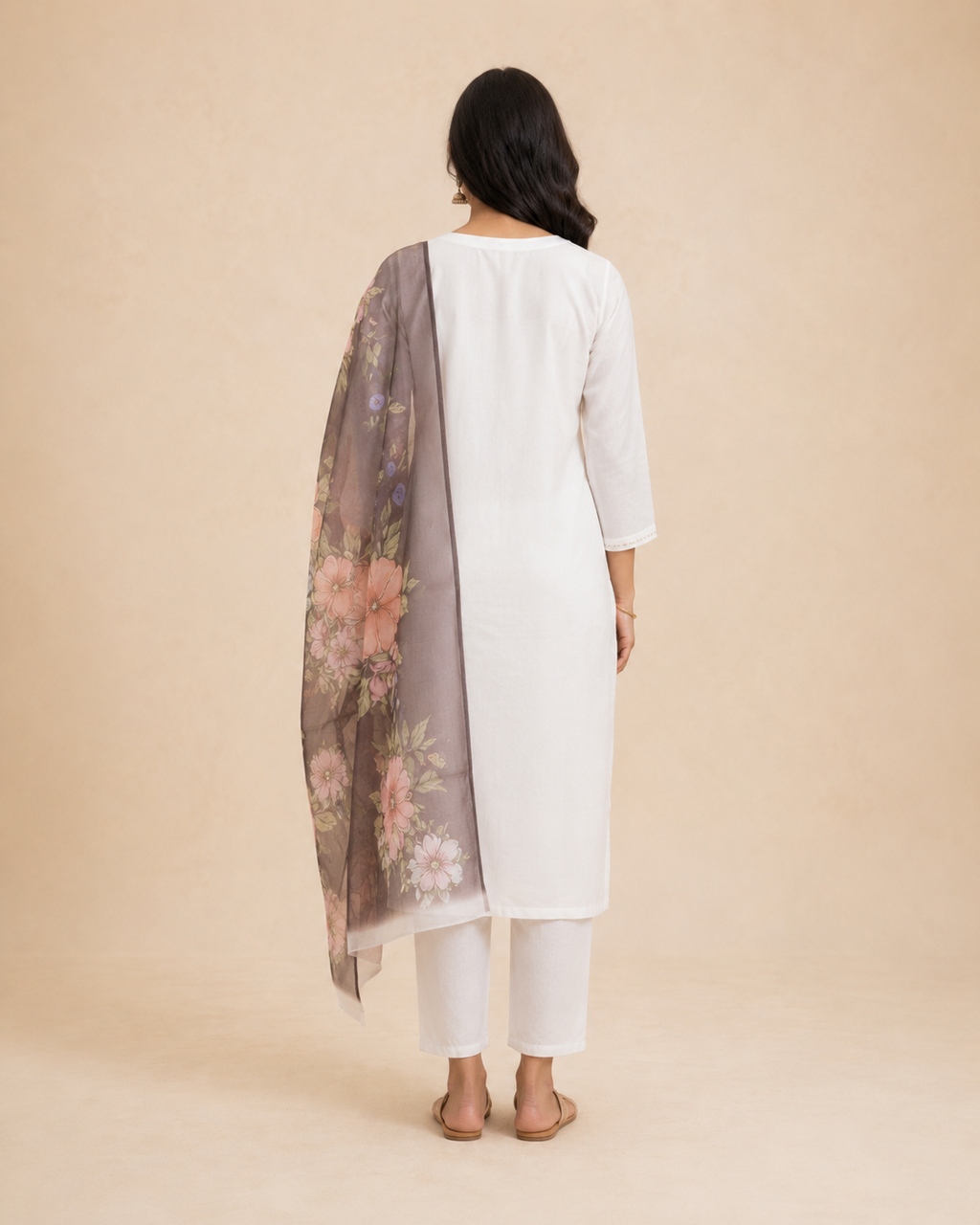 Ivory Embroidered Women's 3-Piece Suit with Floral Dupatta