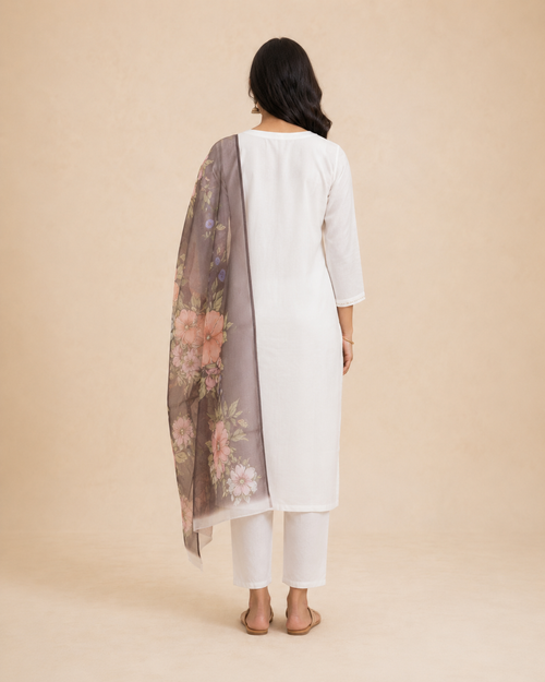 Ivory Embroidered Women's 3-Piece Suit with Floral Dupatta