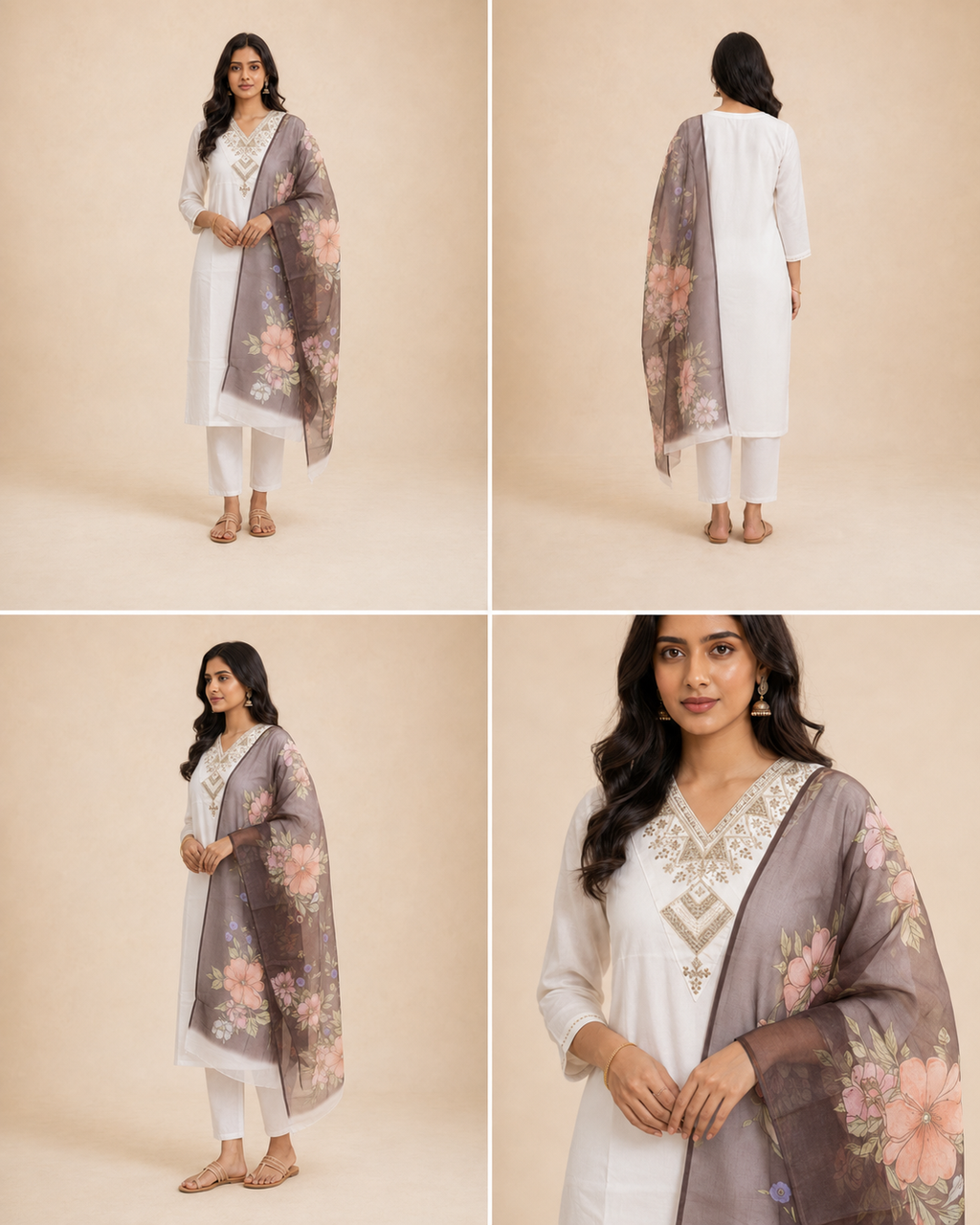 Ivory Embroidered Women's 3-Piece Suit with Floral Dupatta