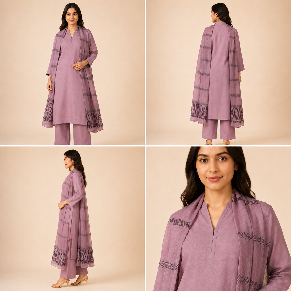 Rayon Slub 3-Piece Kurta Set with Printed Dupatta [Mauve Rose]