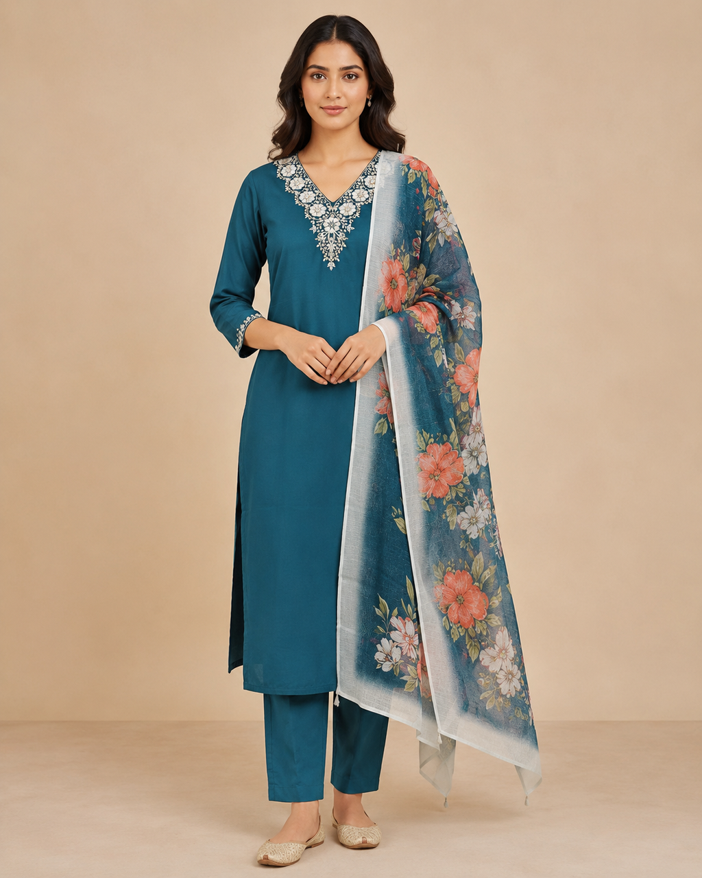 Embroidered Rayon Slub 3-Piece Kurta Set with Chanderi Dupatta
