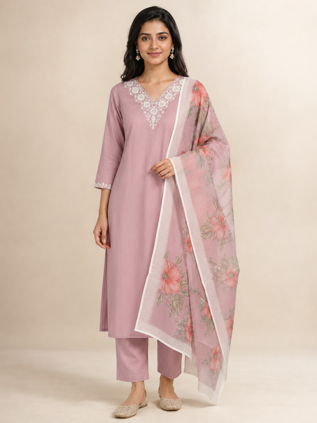Embroidered Rayon Slub 3-Piece Kurta Set with Chanderi Dupatta