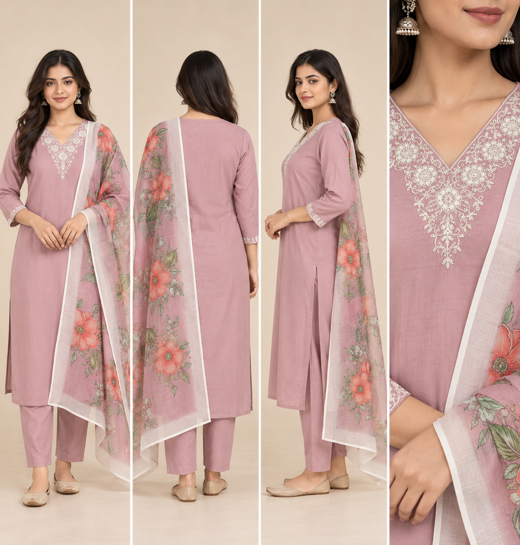 Embroidered Rayon Slub 3-Piece Kurta Set with Chanderi Dupatta