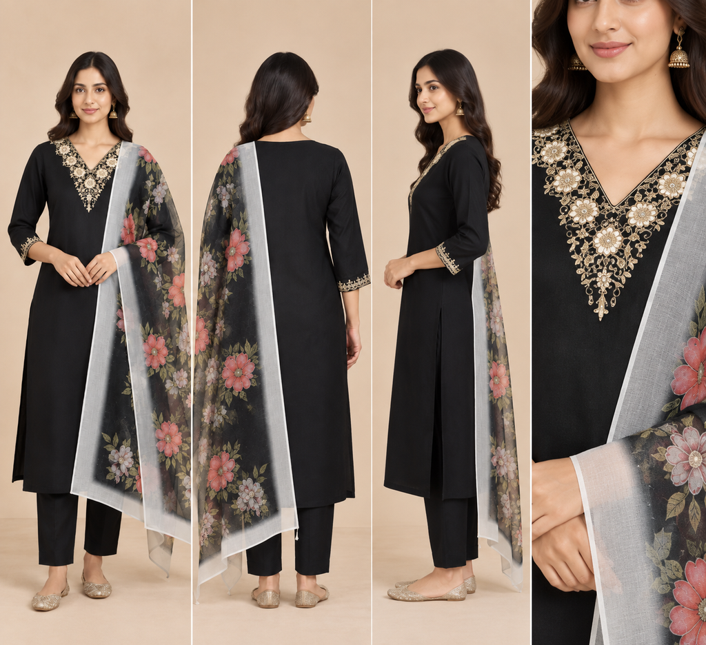 Embroidered Rayon Slub 3-Piece Kurta Set with Chanderi Dupatta