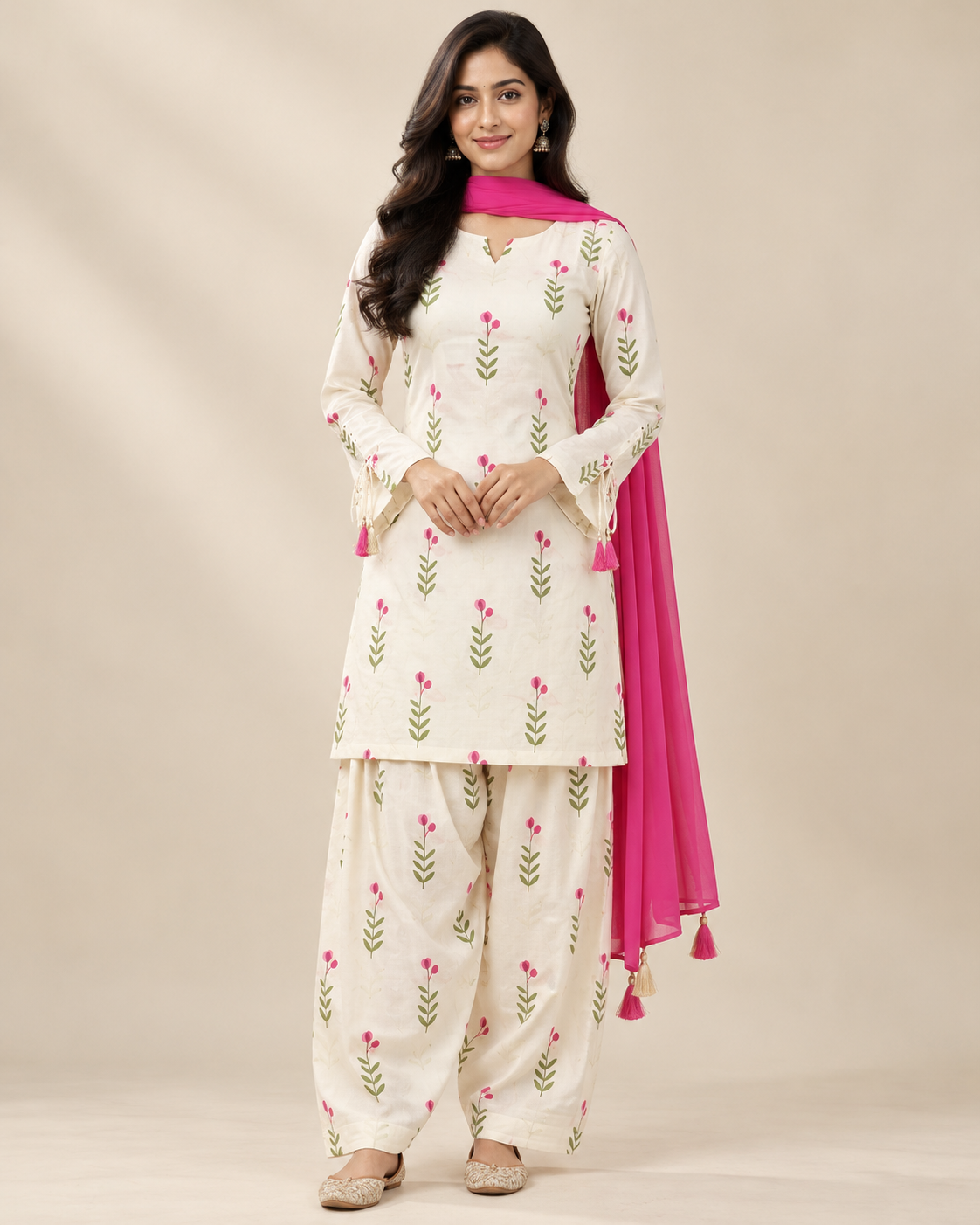 Pure White Floral Women's Farshi Salwar Suit Set with Pink Dupatta