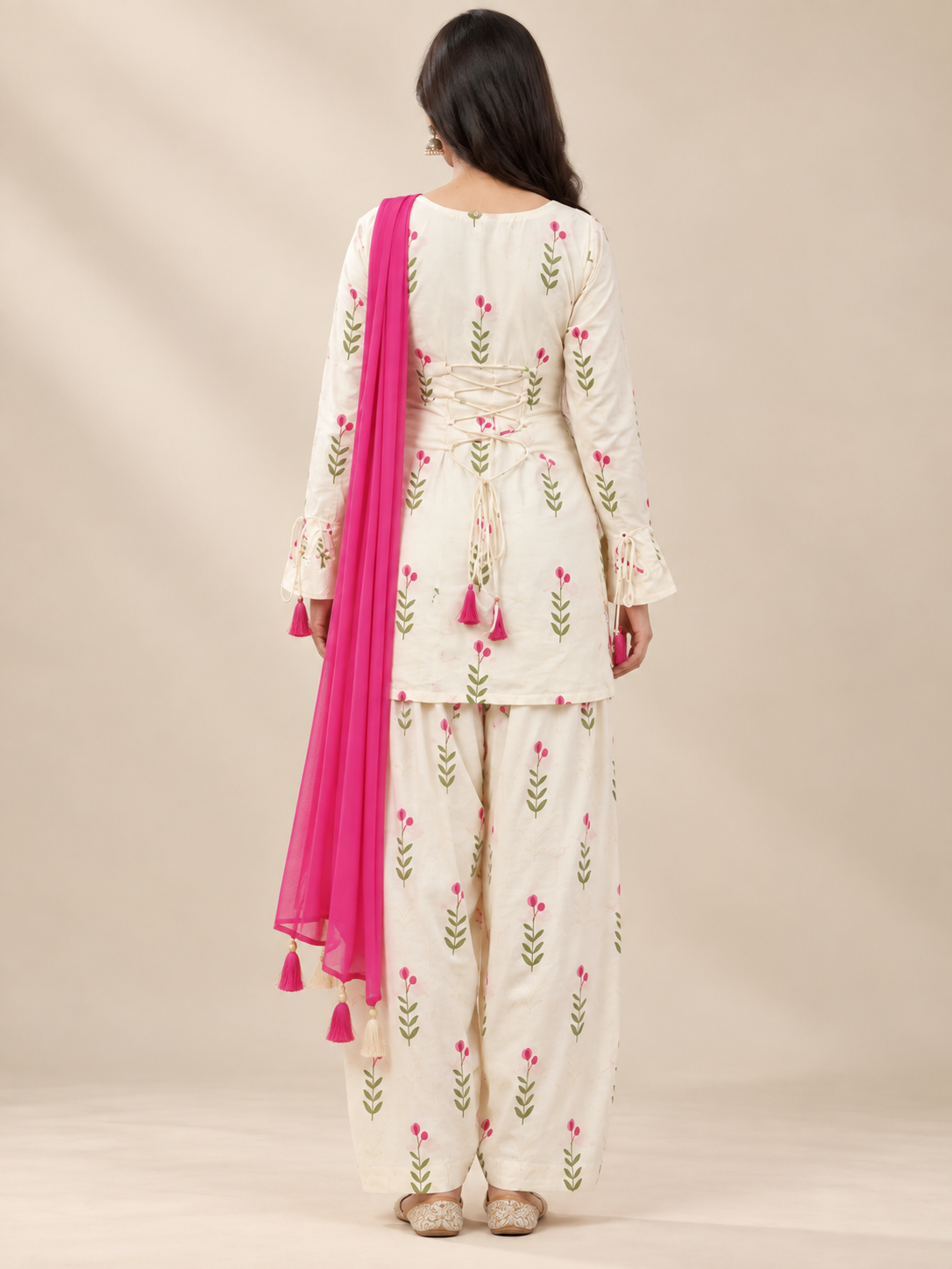 Pure White Floral Women's Farshi Salwar Suit Set with Pink Dupatta