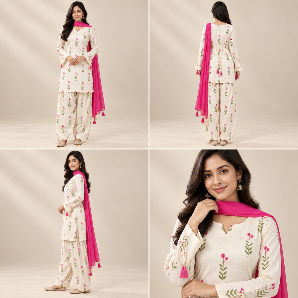 Pure White Floral Women's Farshi Salwar Suit Set with Pink Dupatta