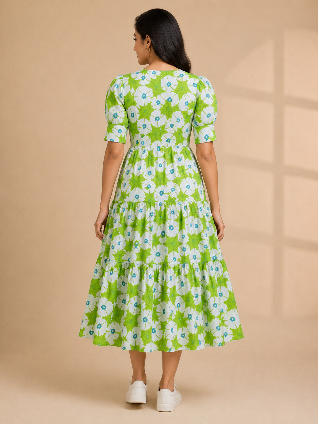 Women's Pure Cotton Printed Midi Kurti with Puff Sleeves