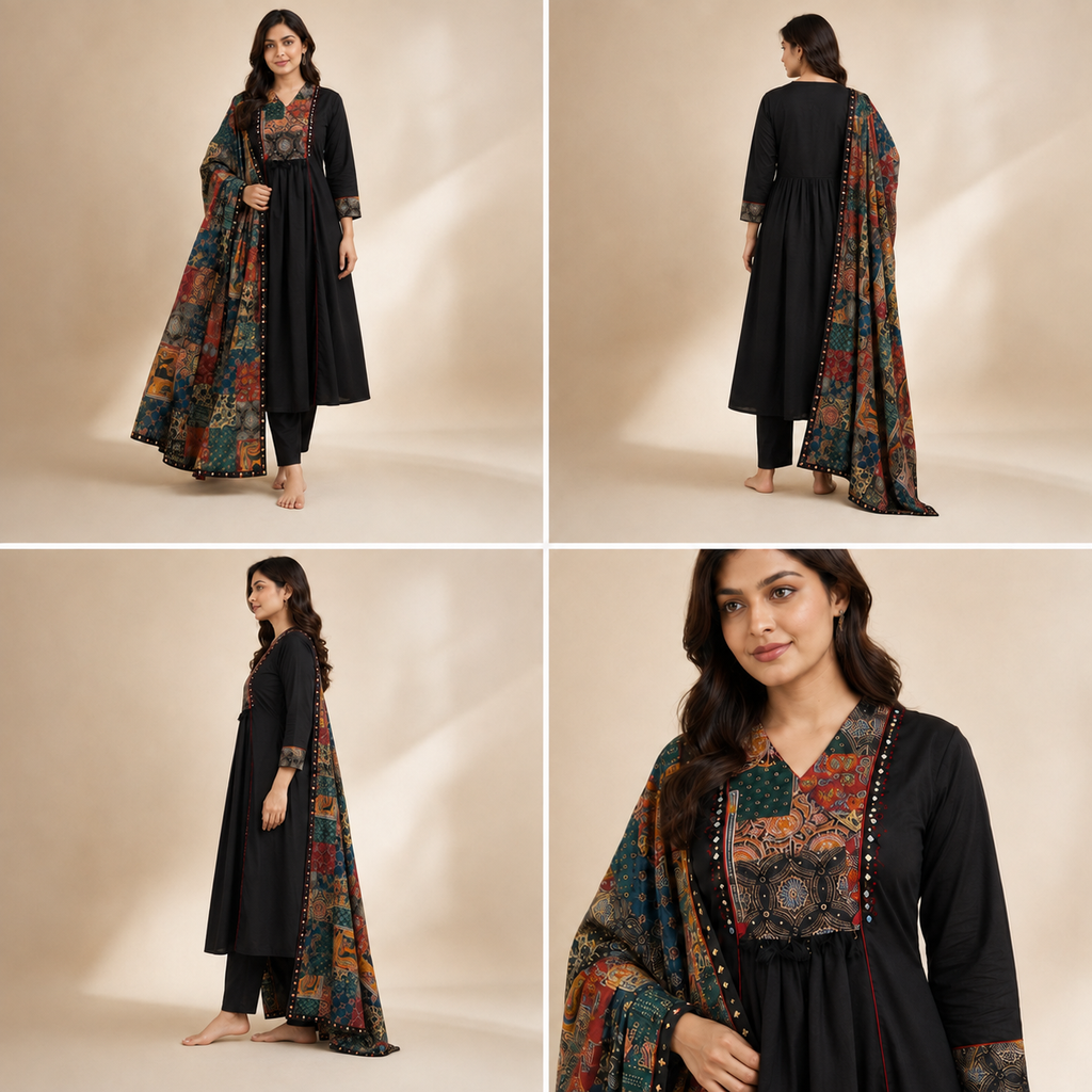 Black Multicolor Yoke Cotton Anarkali 3-Piece Set –