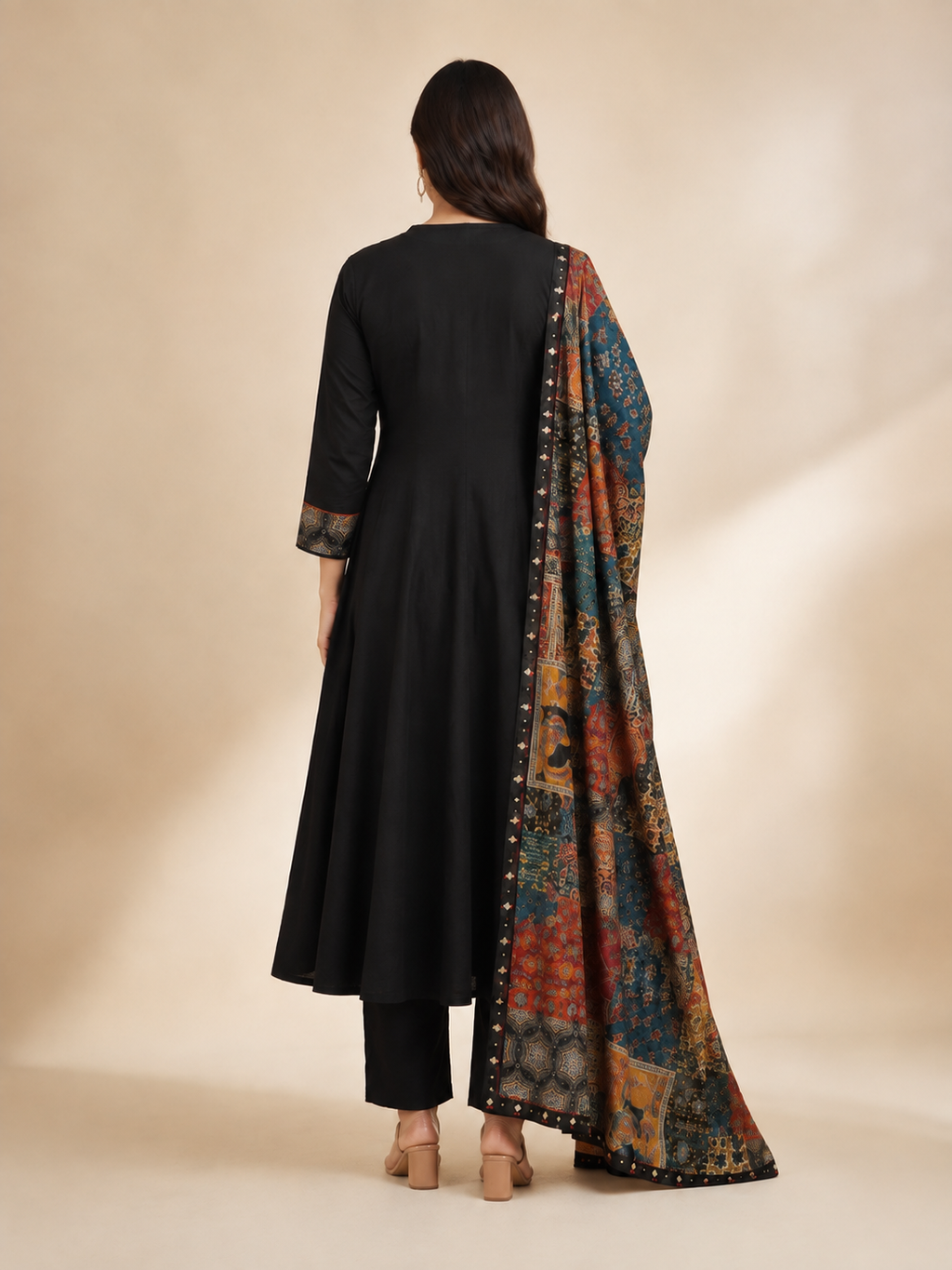 Black Multicolor Yoke Cotton Anarkali 3-Piece Set –
