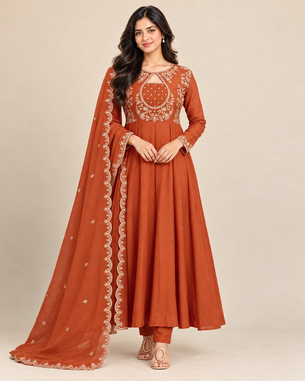 Noor Embroidered Anarkali Suit Set with Dupatta-PRMP-SE-J-37 [Rust Orange]