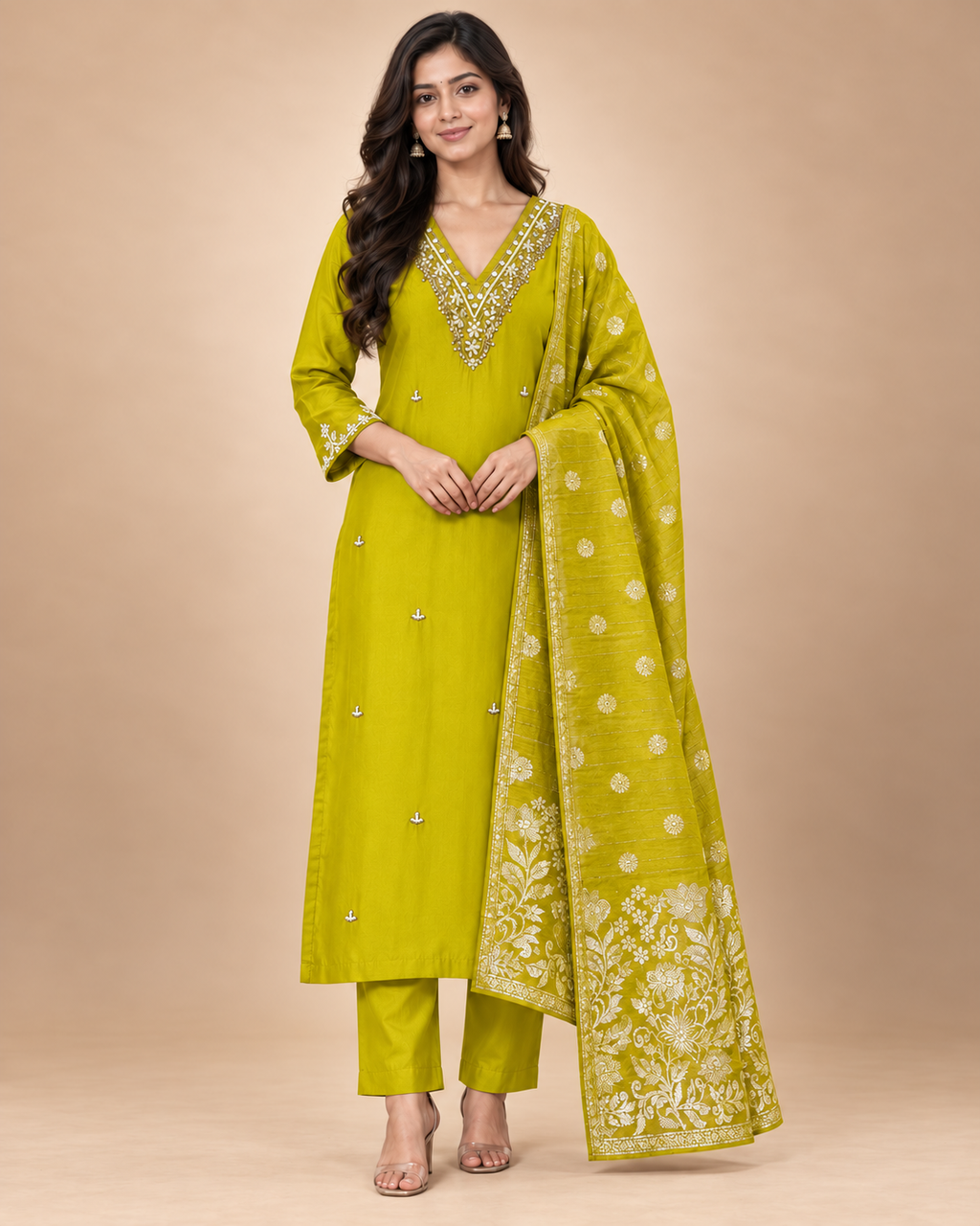 Women’s Heavy Maslin Silk Handwork Kurta Pant Set with Banarasi Dupatta-PRMP-SE-J-25 [Chartreuse Yellow]