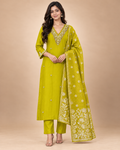 Women’s Heavy Maslin Silk Handwork Kurta Pant Set with Banarasi Dupatta-PRMP-SE-J-25 [Chartreuse Yellow]