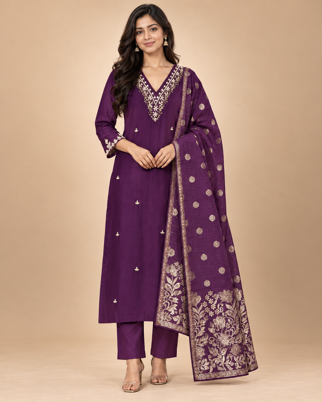 Women’s Heavy Maslin Silk Handwork Kurta Pant Set with Banarasi Dupatta-PRMP-SE-J-25 [Deep Plum Purple]