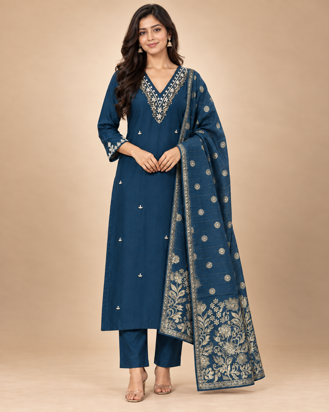 Women’s Heavy Maslin Silk Handwork Kurta Pant Set with Banarasi Dupatta-PRMP-SE-J-25 [Navy Blue]