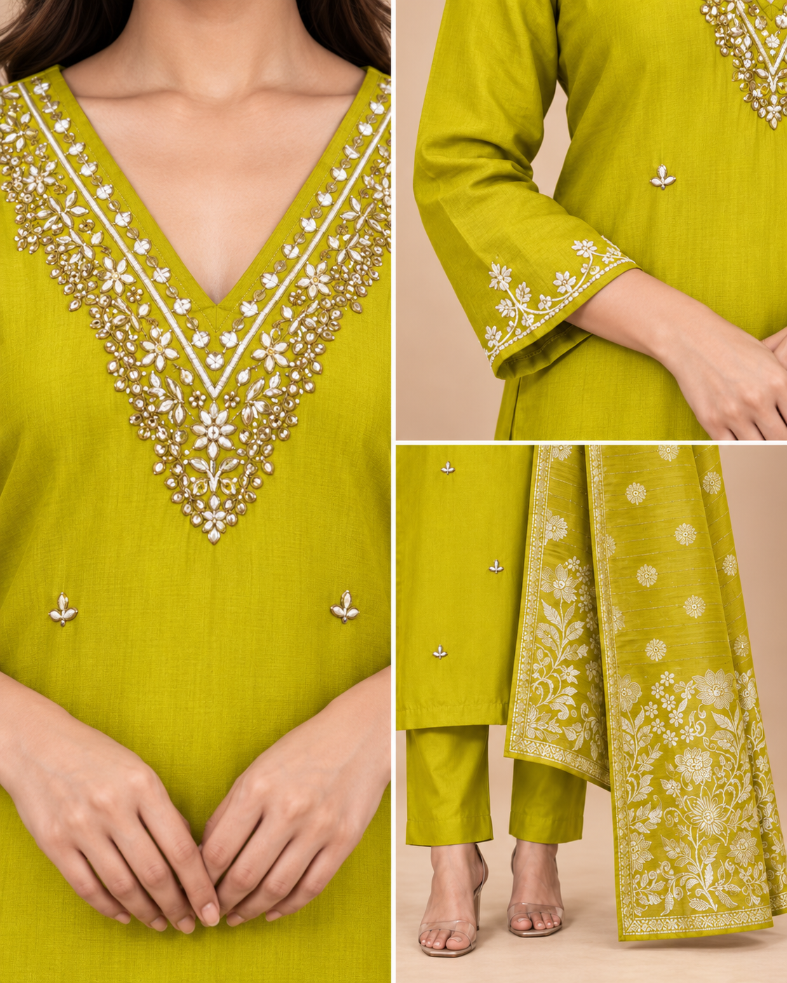 Women’s Heavy Maslin Silk Handwork Kurta Pant Set with Banarasi Dupatta-PRMP-SE-J-25 [Chartreuse Yellow]