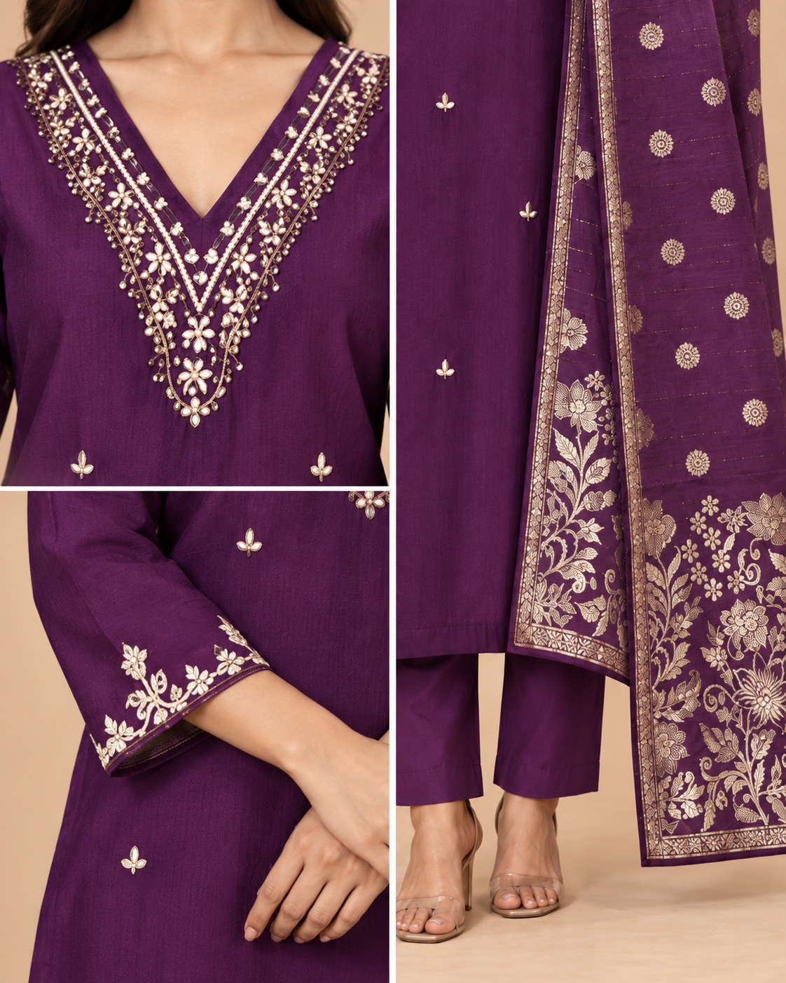 Women’s Heavy Maslin Silk Handwork Kurta Pant Set with Banarasi Dupatta-PRMP-SE-J-25 [Deep Plum Purple]
