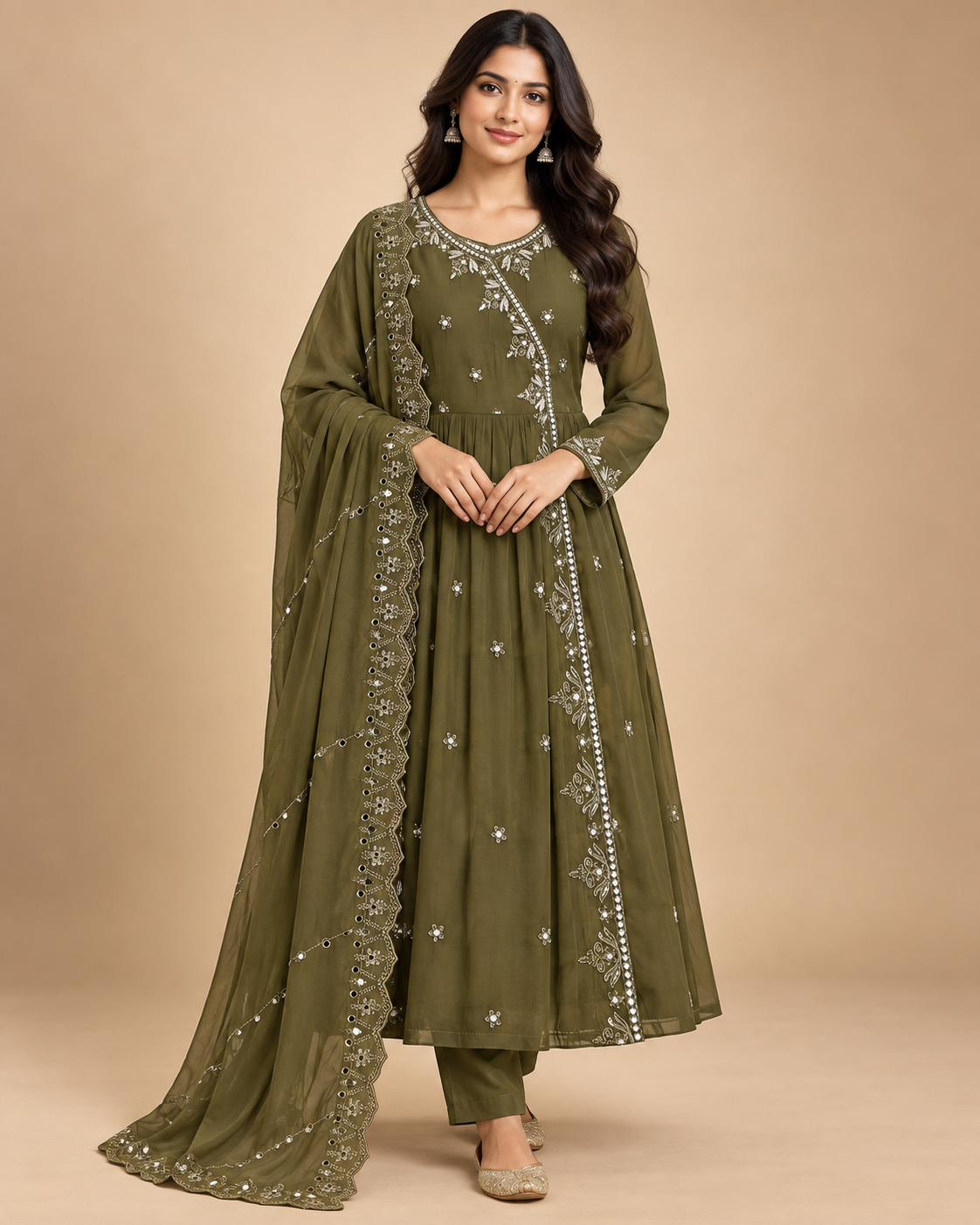 Women’s Embroidered Angrakha 3-Piece Suit Set with Dupatta-PRMP-SE-J-27 [Olive Green]