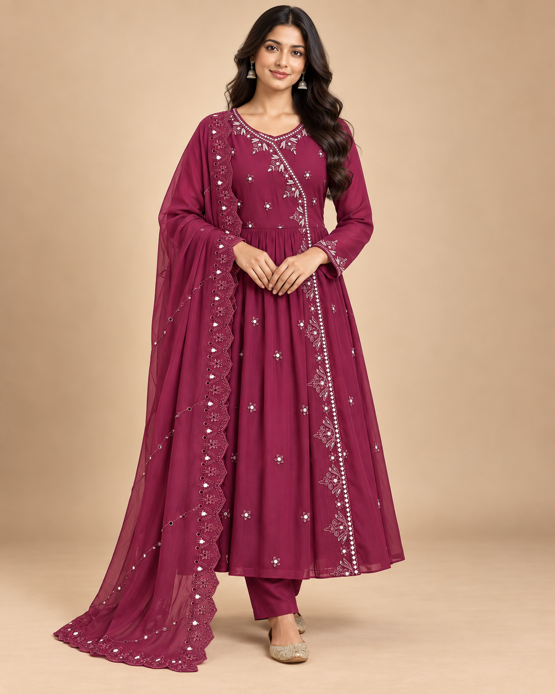 Women’s Embroidered Angrakha 3-Piece Suit Set with Dupatta-PRMP-SE-J-27 [Rani Pink]