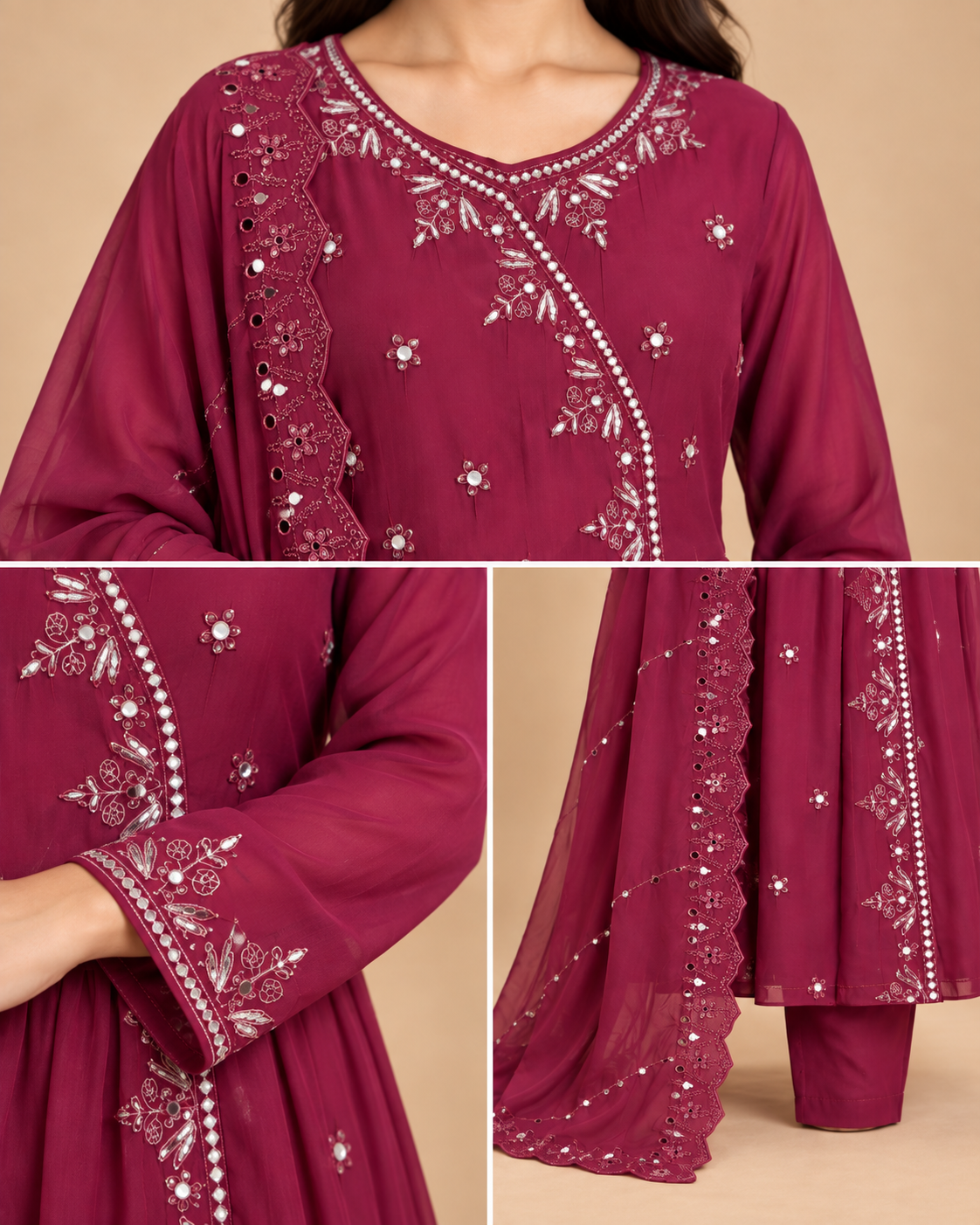 Women’s Embroidered Angrakha 3-Piece Suit Set with Dupatta-PRMP-SE-J-27 [Rani Pink]