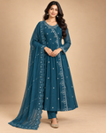 Women’s Embroidered Angrakha 3-Piece Suit Set with Dupatta-PRMP-SE-J-27 [Teal Blue]