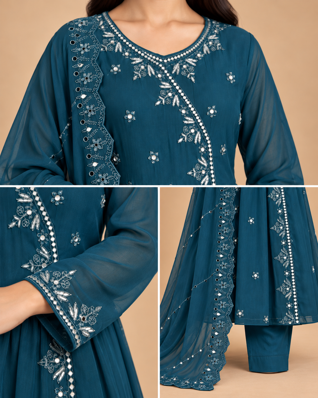 Women’s Embroidered Angrakha 3-Piece Suit Set with Dupatta-PRMP-SE-J-27 [Teal Blue]