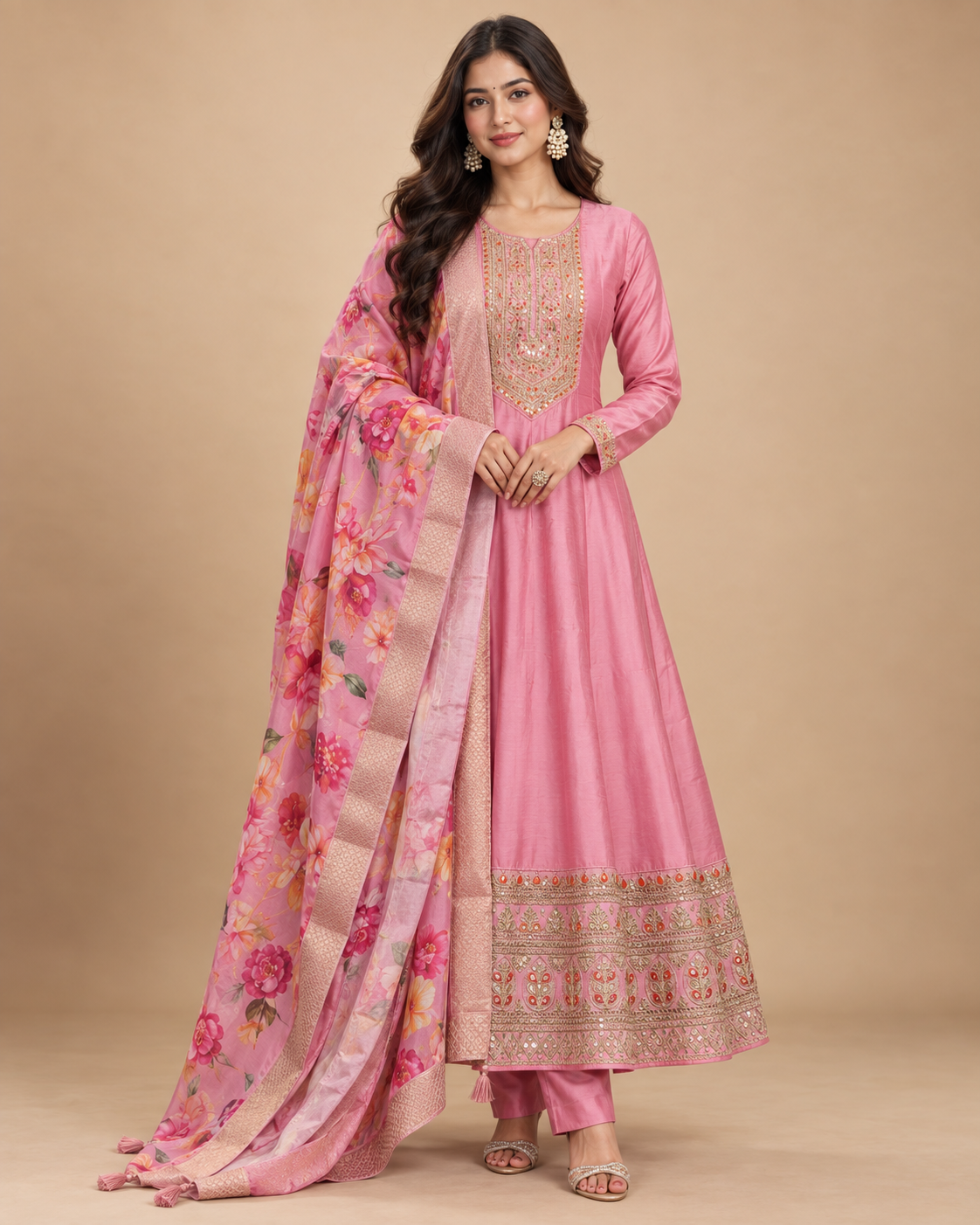 Silk Anarkali Kurta Pant Set with Banarasi Silk Dupatta – 3 Piece-PRMP-SE-J-30 [Rose Pink]
