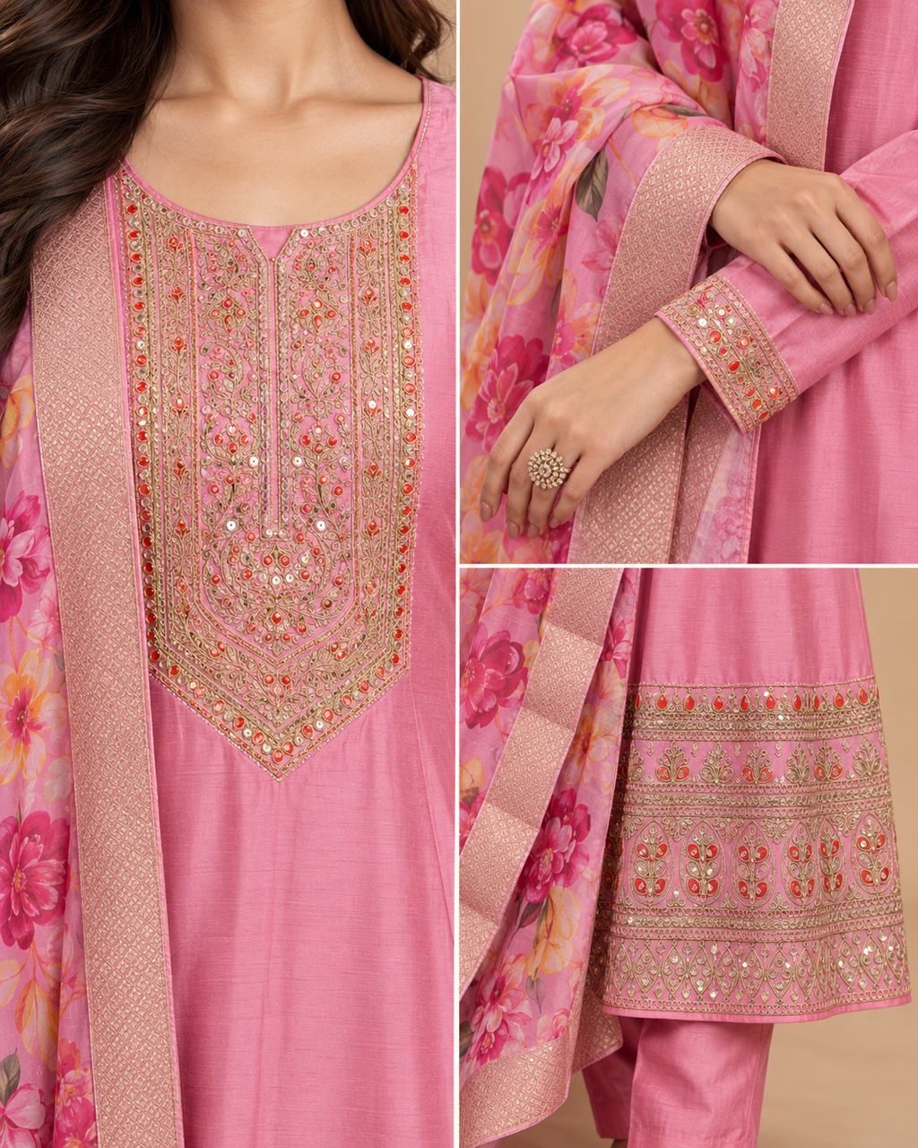 Silk Anarkali Kurta Pant Set with Banarasi Silk Dupatta – 3 Piece-PRMP-SE-J-30 [Rose Pink]