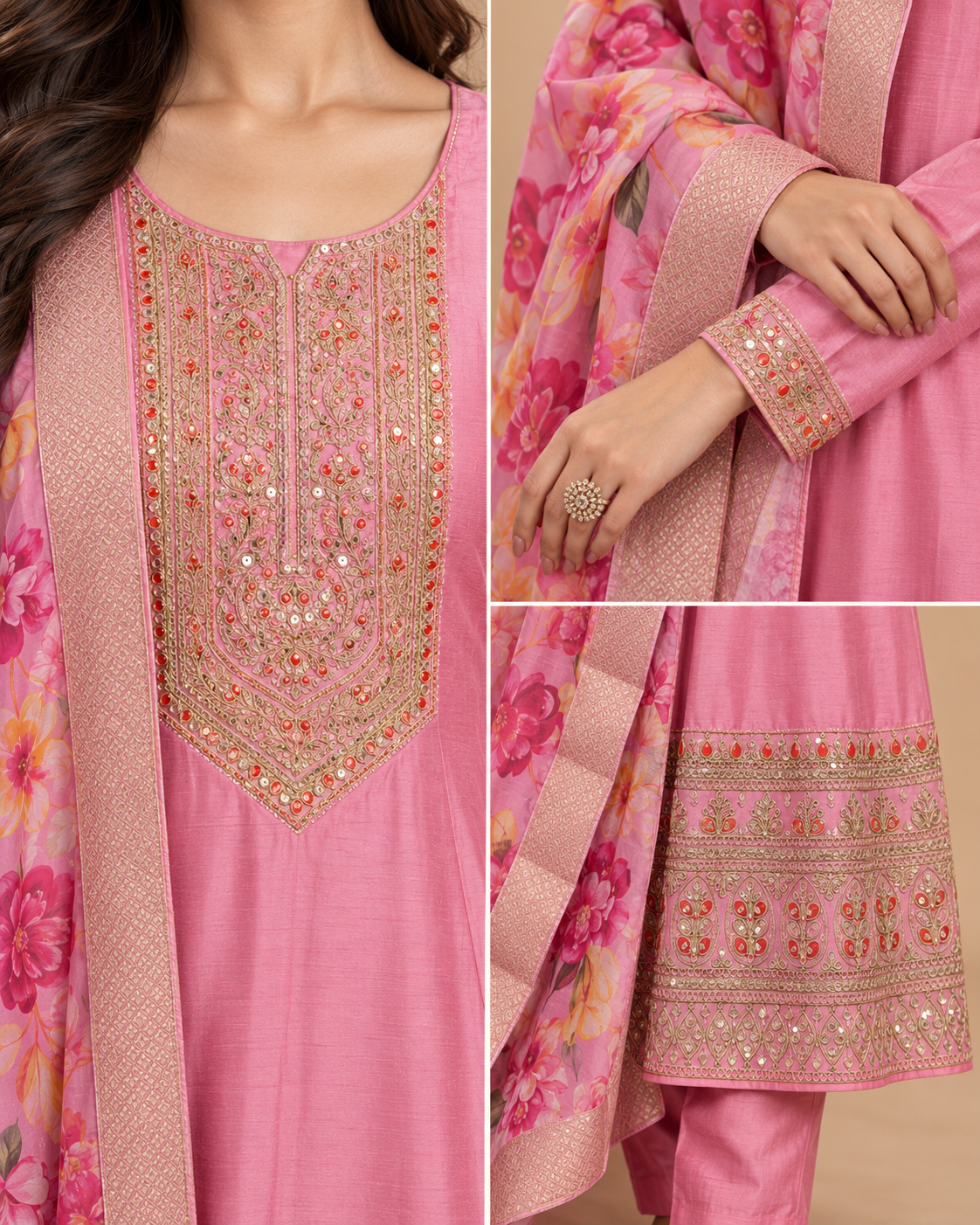 Silk Anarkali Kurta Pant Set with Banarasi Silk Dupatta – 3 Piece-PRMP-SE-J-30 [Rose Pink]