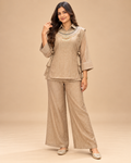 Women’s Designer Salsa Silk 3-Piece Co-ord Set with Hand Embroidered Shrug-PRMP-SE-J-36 [Champagne Beige]
