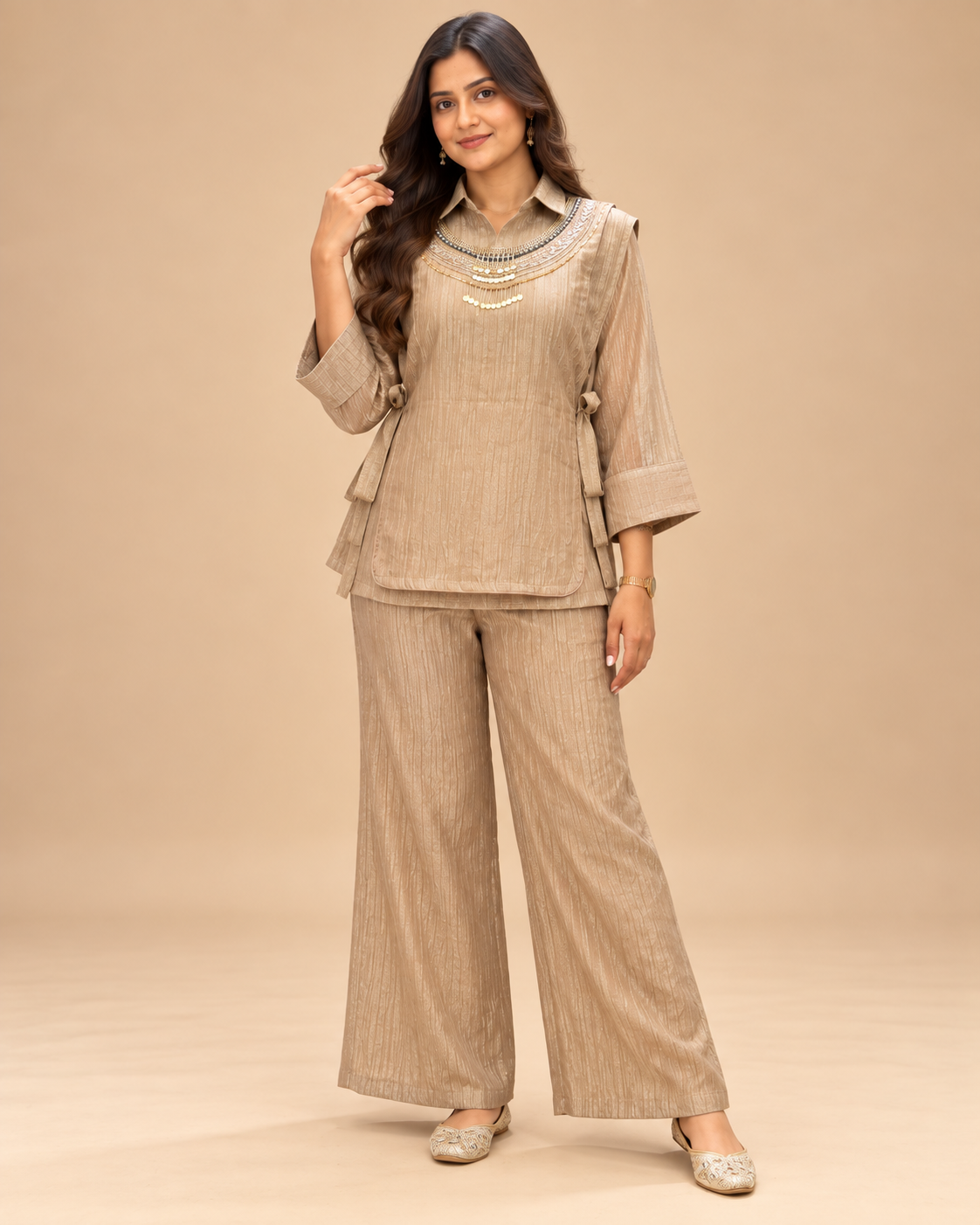 Women’s Designer Salsa Silk 3-Piece Co-ord Set with Hand Embroidered Shrug-PRMP-SE-J-36 [Champagne Beige]