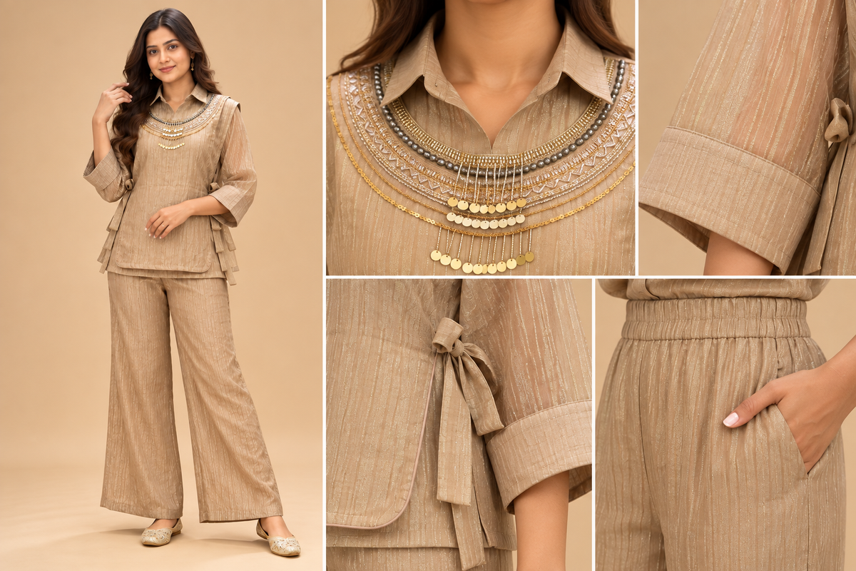 Women’s Designer Salsa Silk 3-Piece Co-ord Set with Hand Embroidered Shrug-PRMP-SE-J-36 [Champagne Beige]