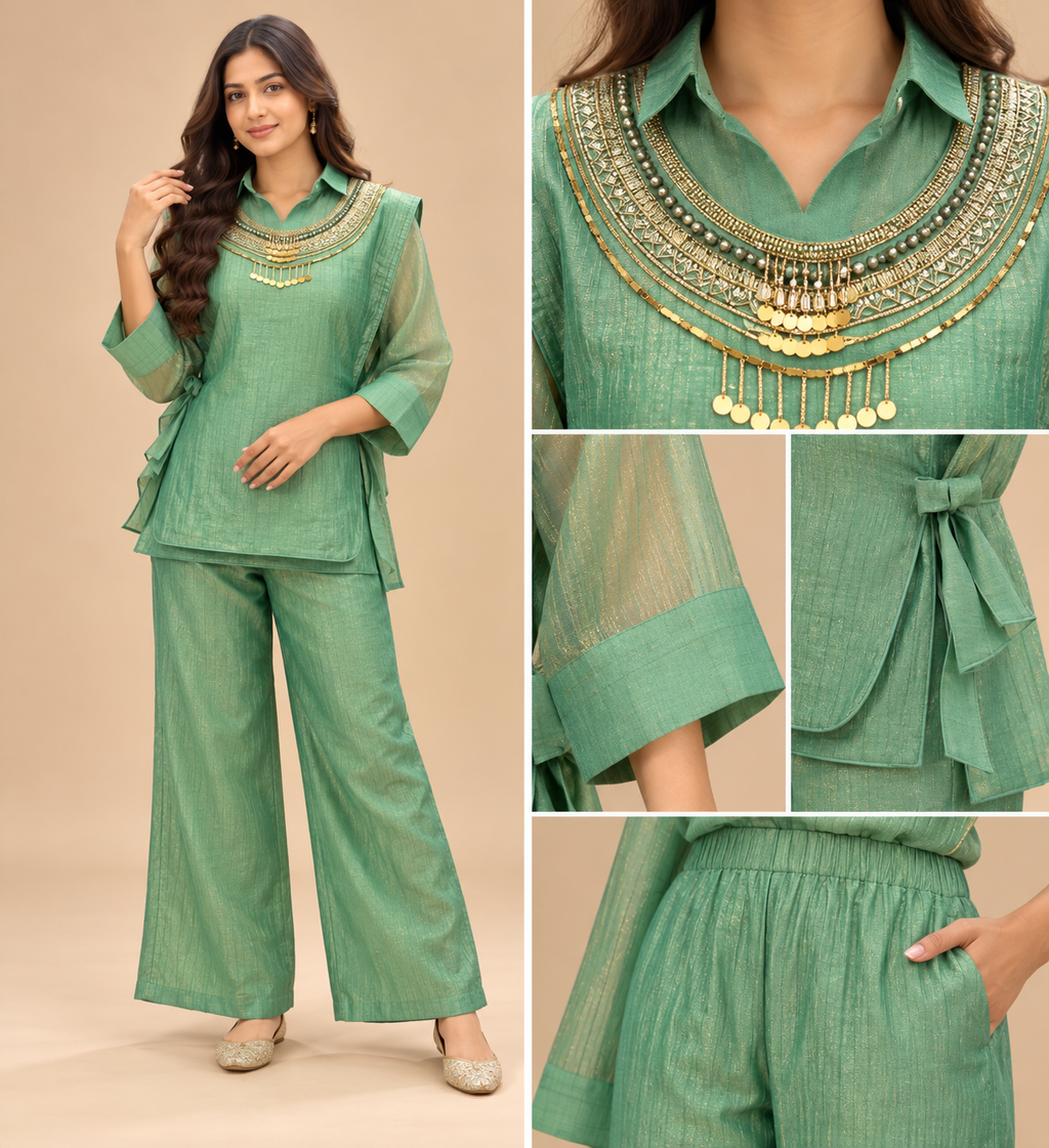 Women’s Designer Salsa Silk 3-Piece Co-ord Set with Hand Embroidered Shrug-PRMP-SE-J-36 [Sage Green]