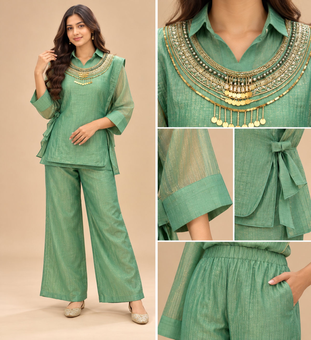 Women’s Designer Salsa Silk 3-Piece Co-ord Set with Hand Embroidered Shrug-PRMP-SE-J-36 [Sage Green]