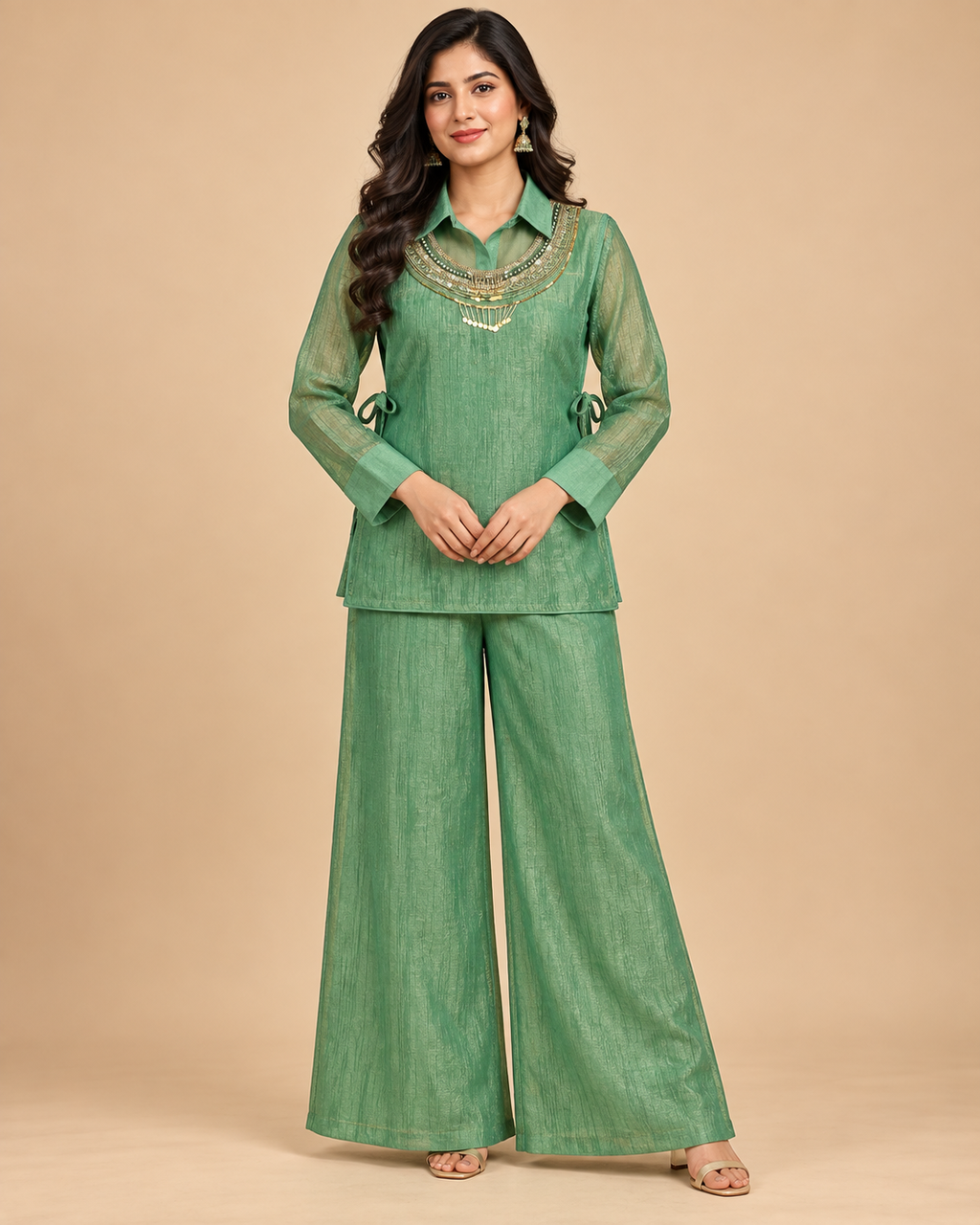 Women’s Designer Salsa Silk 3-Piece Co-ord Set with Hand Embroidered Shrug-PRMP-SE-J-36 [Sage Green]