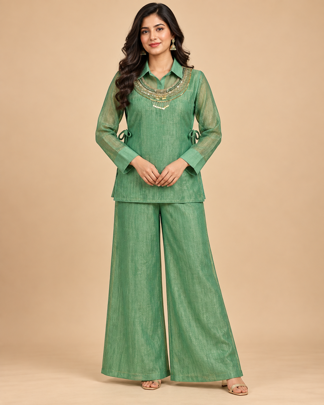 Women’s Designer Salsa Silk 3-Piece Co-ord Set with Hand Embroidered Shrug-PRMP-SE-J-36 [Sage Green]
