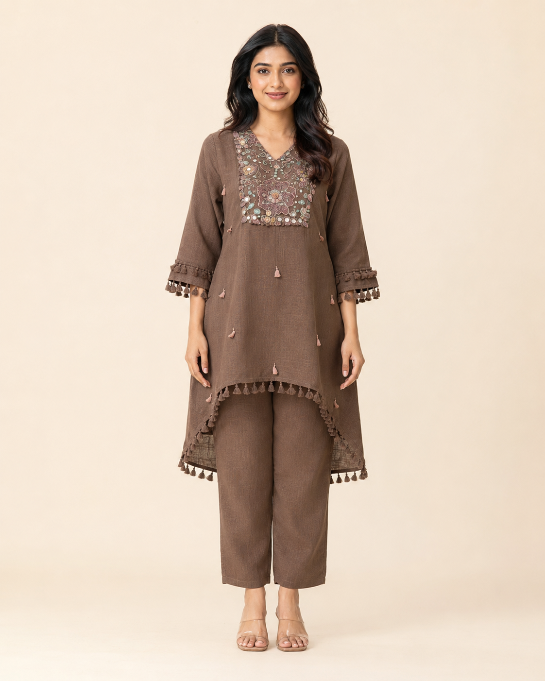 Embroidered Women's Short Kurti Set – Cotton Slub [Brown]
