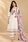 Elegant White Roman Silk Embroidered Kurta Pant Set with Floral Printed Dupatta | Women's 3-Piece Ethnic Suit Set – DI-191