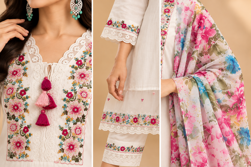 Elegant White Roman Silk Embroidered Kurta Pant Set with Floral Printed Dupatta | Women's 3-Piece Ethnic Suit Set – DI-191