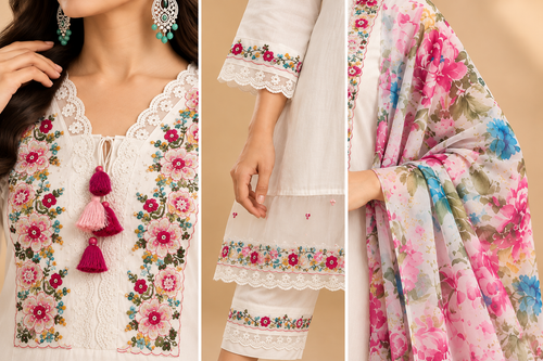 Elegant White Roman Silk Embroidered Kurta Pant Set with Floral Printed Dupatta | Women's 3-Piece Ethnic Suit Set – DI-191