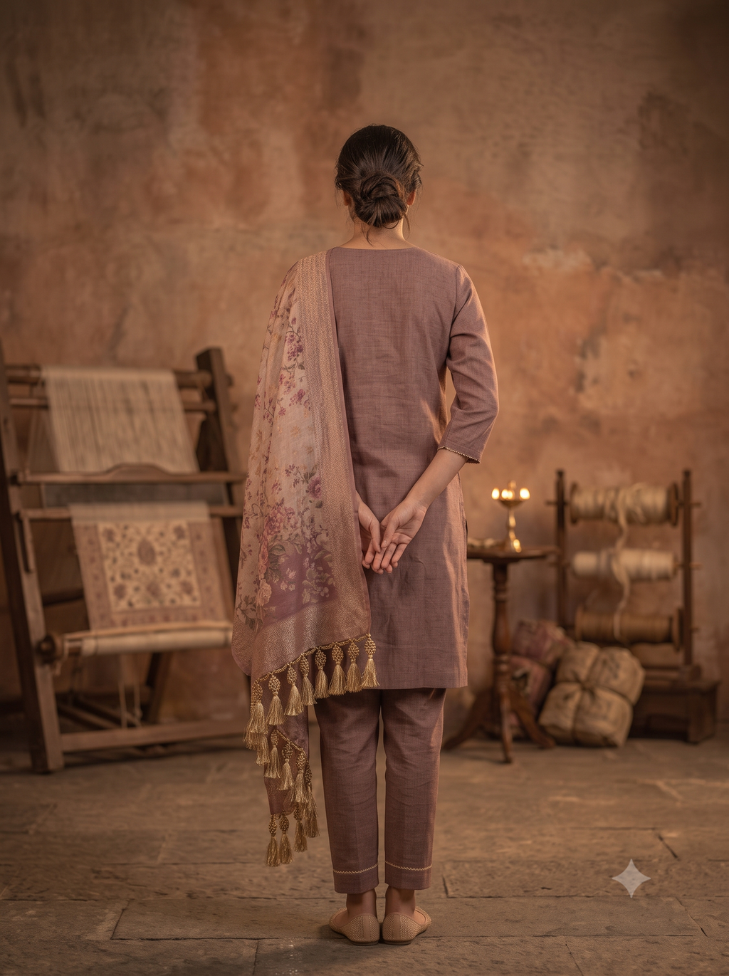 Dusty Mauve Embellished Kurta Set with Floral Dupatta | Parampara By Neelam