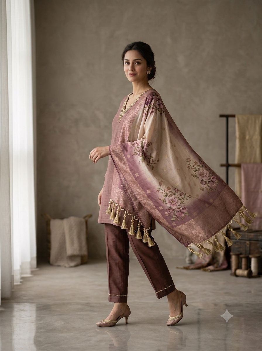 Dusty Mauve Embellished Kurta Set with Floral Dupatta | Parampara By Neelam