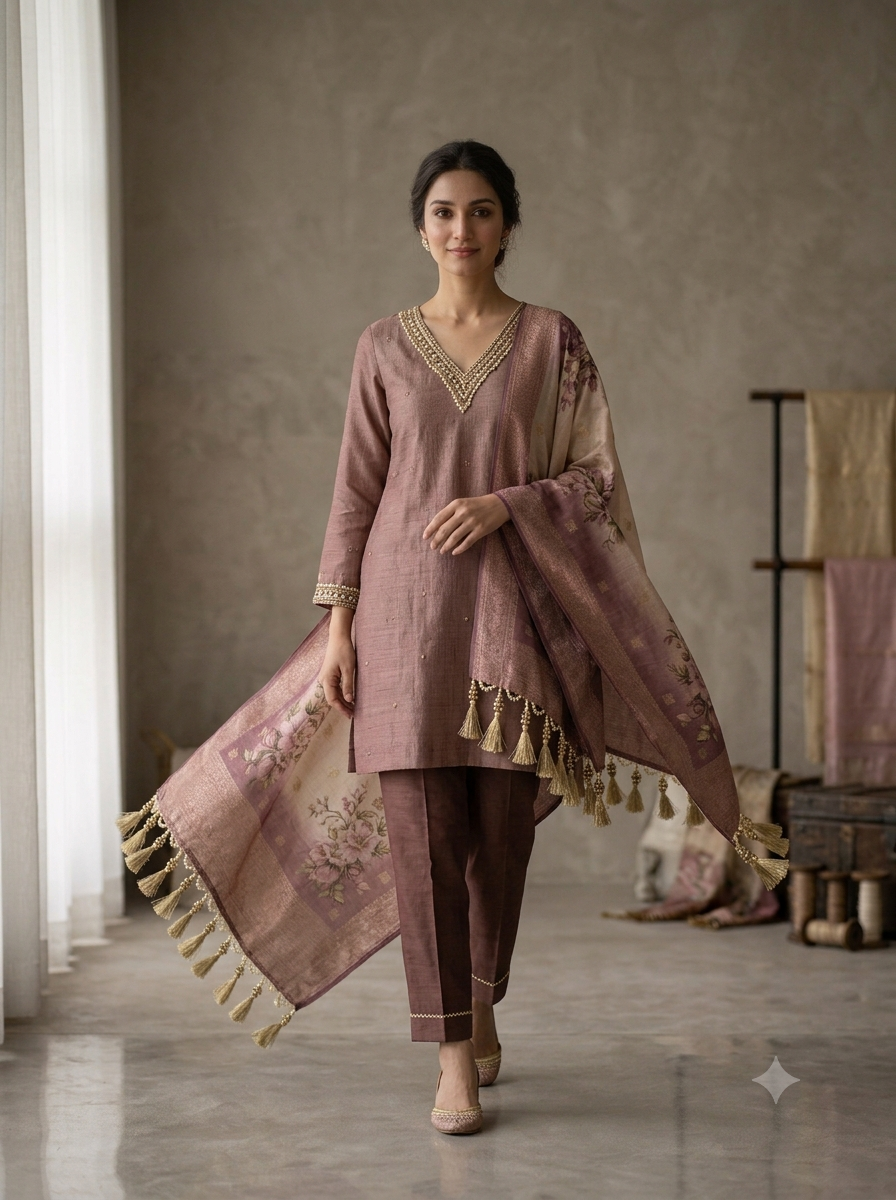 Dusty Mauve Embellished Kurta Set with Floral Dupatta | Parampara By Neelam