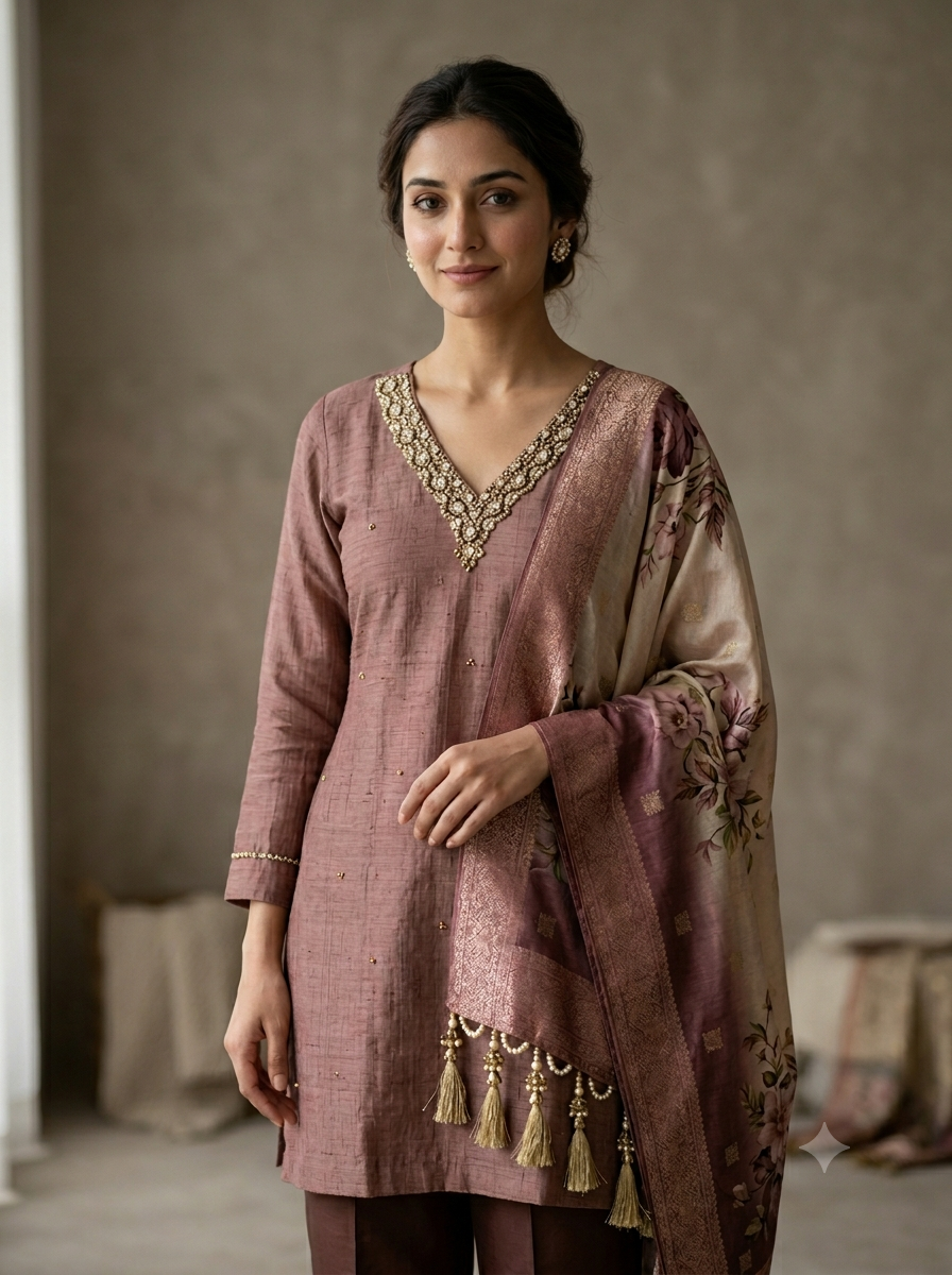 Dusty Mauve Embellished Kurta Set with Floral Dupatta | Parampara By Neelam