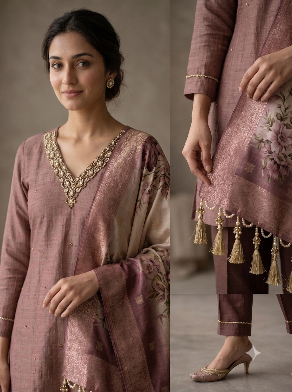 Dusty Mauve Embellished Kurta Set with Floral Dupatta | Parampara By Neelam