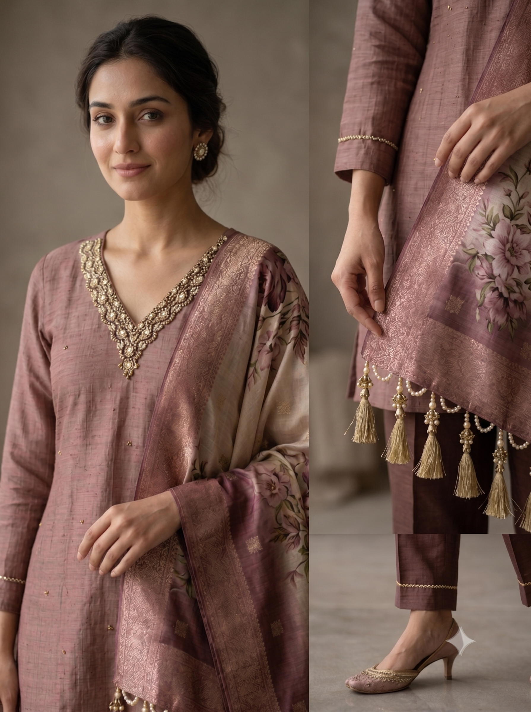 Dusty Mauve Embellished Kurta Set with Floral Dupatta | Parampara By Neelam