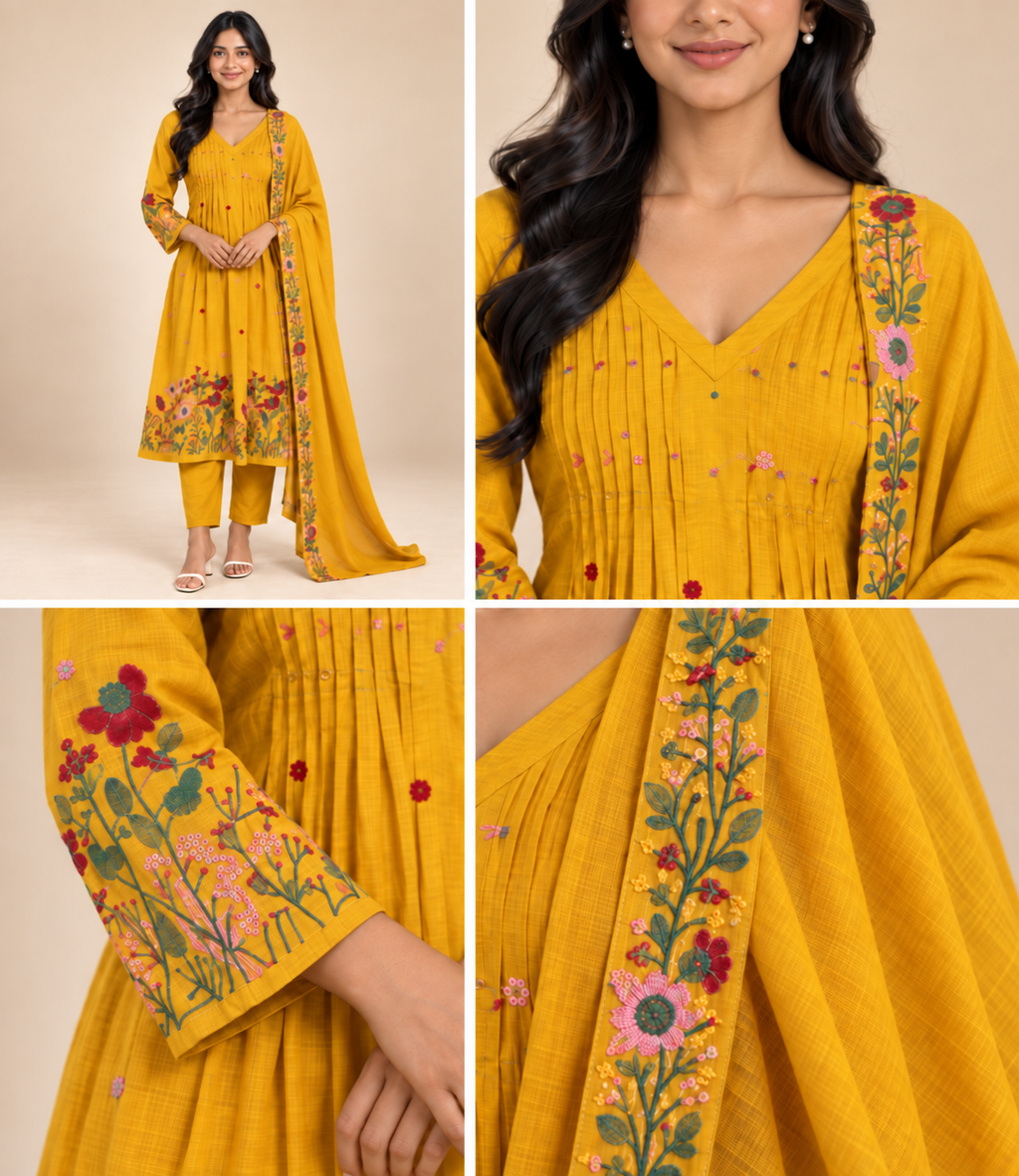 Pure Cotton Flared Anarkali Suit Set with Embroidered Dupatta | PRMP-SE-J-1  [Mustard Yellow] 