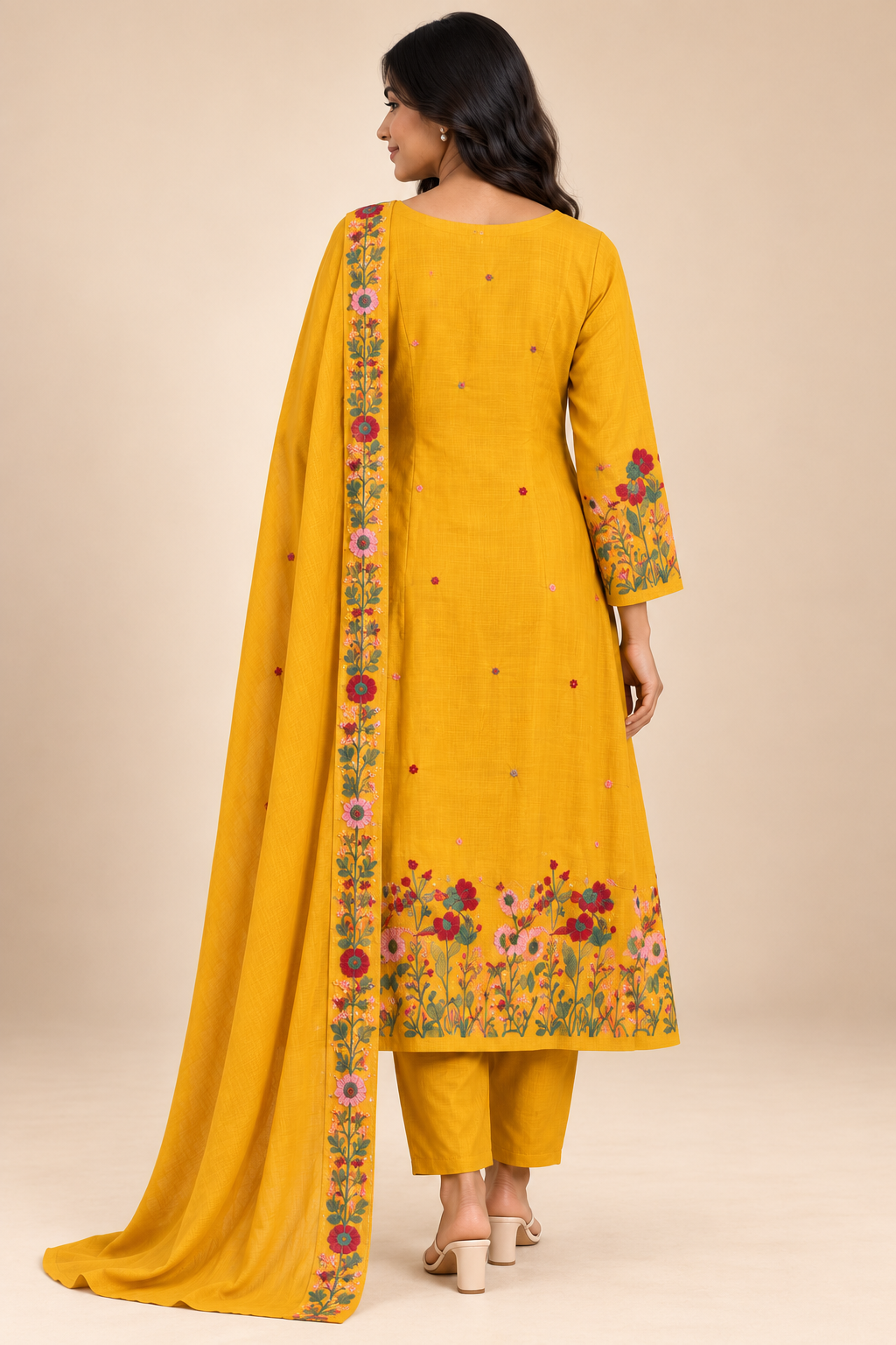 Pure Cotton Flared Anarkali Suit Set with Embroidered Dupatta | PRMP-SE-J-1  [Mustard Yellow] 
